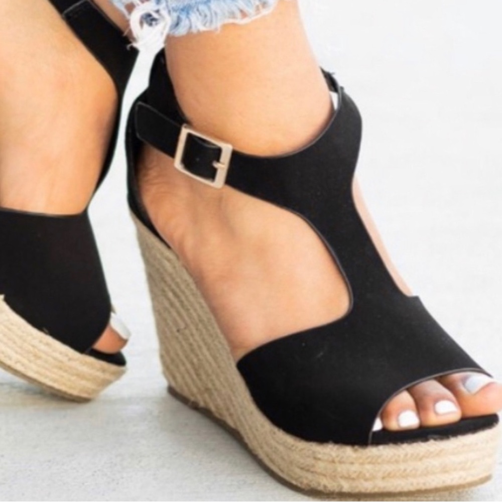 Perforated T-Strap Espadrille Black Wedge Multi Sizes NIB - Picture 7 of 9